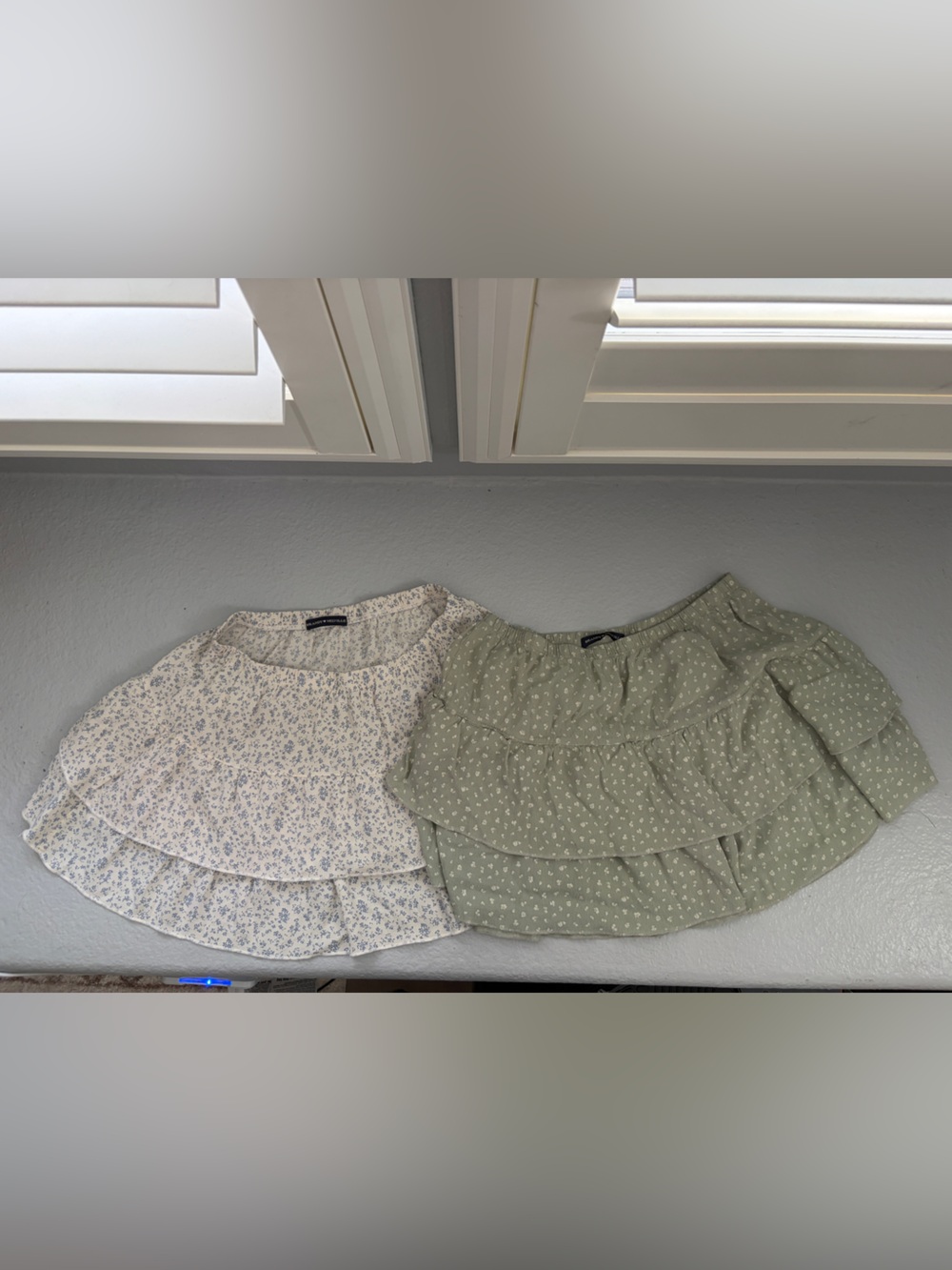 Brandy Melville Sage Green and Cream Floral Tiered Mini Skirts